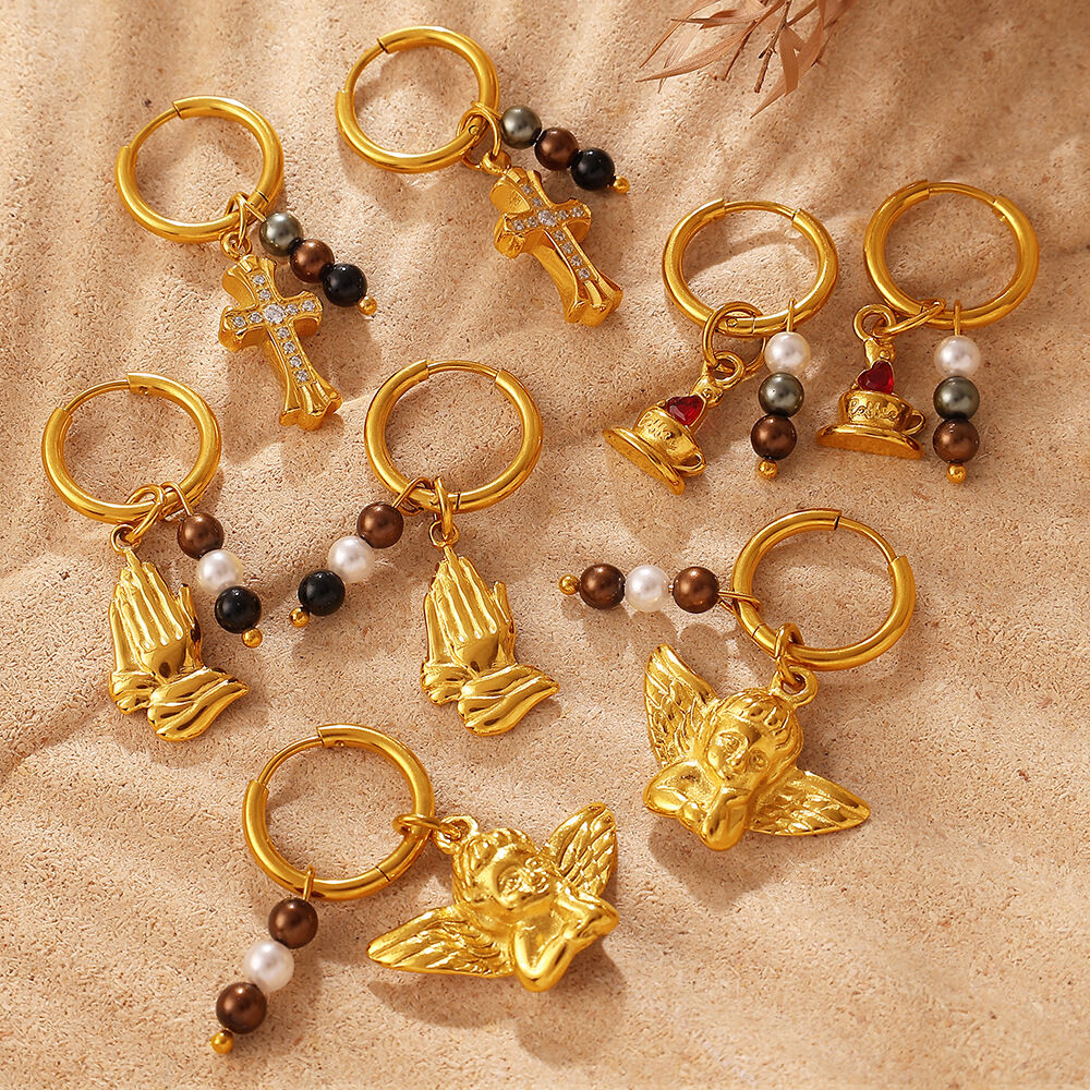 Boucles d'oreilles pendantes pour femme, style œil de diable, croix et ange, en acier inoxydable étanche avec zircon, collection Simple Series Daily h5 Image3