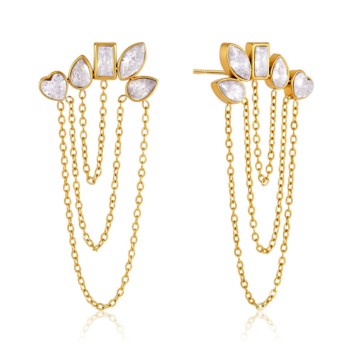 Simple Elegant Heart Tassel Rectangle Stainless Steel Waterproof Gold Color Zircon Women's Stud Earrings h5 Picture5