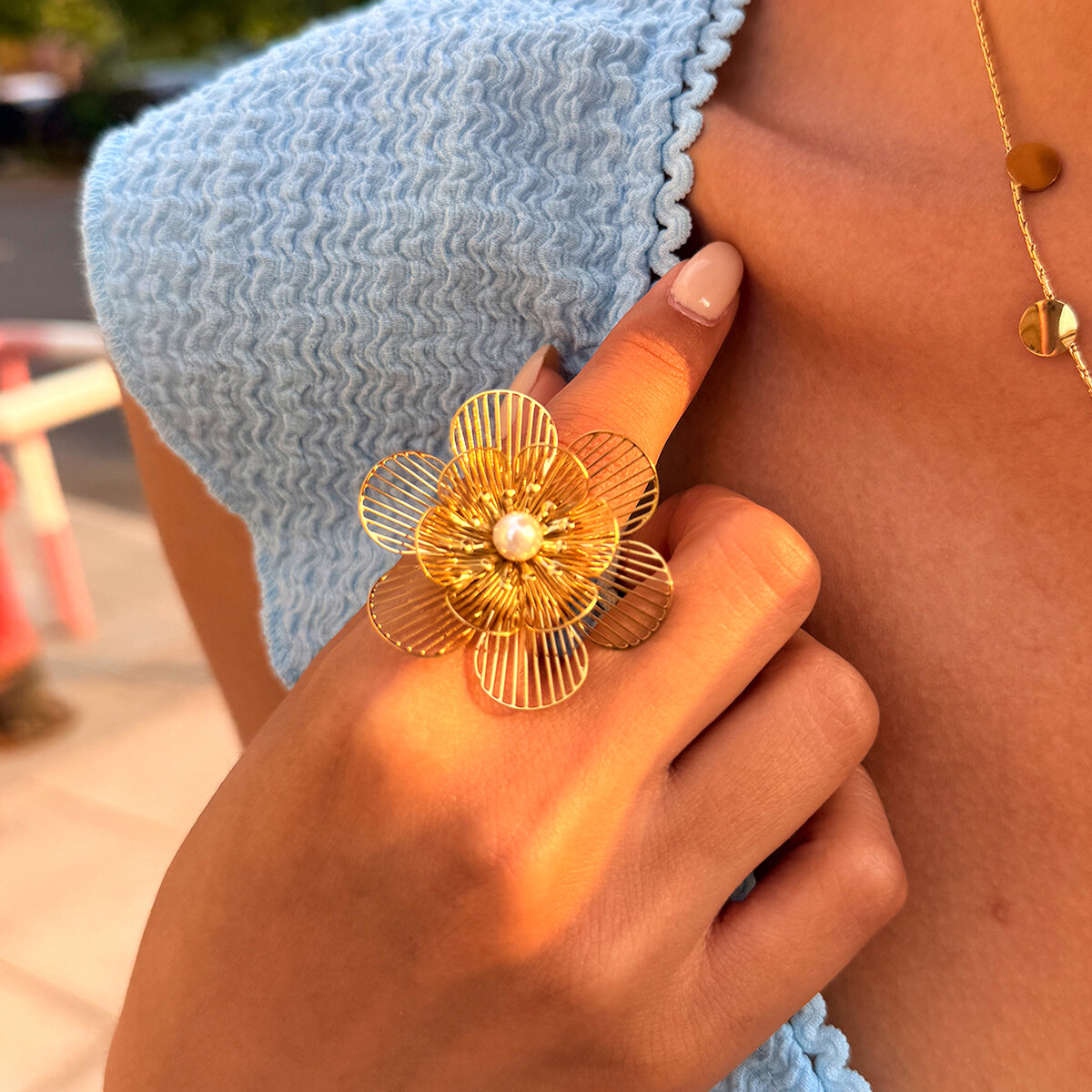 Retro Daily Flower Stainless Steel Waterproof   Gold Color  Artificial Pearl Statement Rings