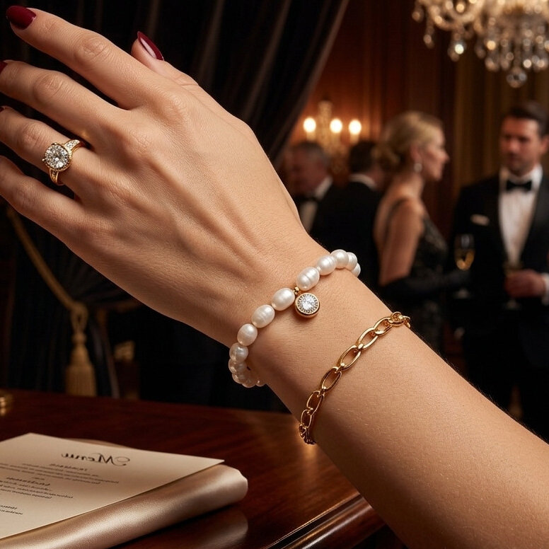 Elegante Perlenkette aus Edelstahl, wasserdicht, goldfarben, Damen-Perlenarmband der Romantischen Serie h5Bild2