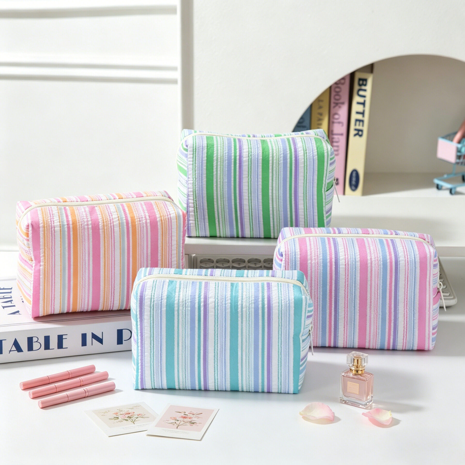 Trousses à maquillage Simple Series Daily Stripe en polyester multicolores