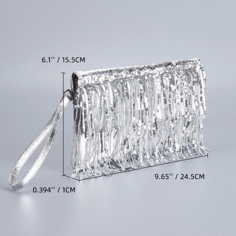 Borsa quadrata da donna in PU con nappine e paillettes, stile serale. h5Immagine3