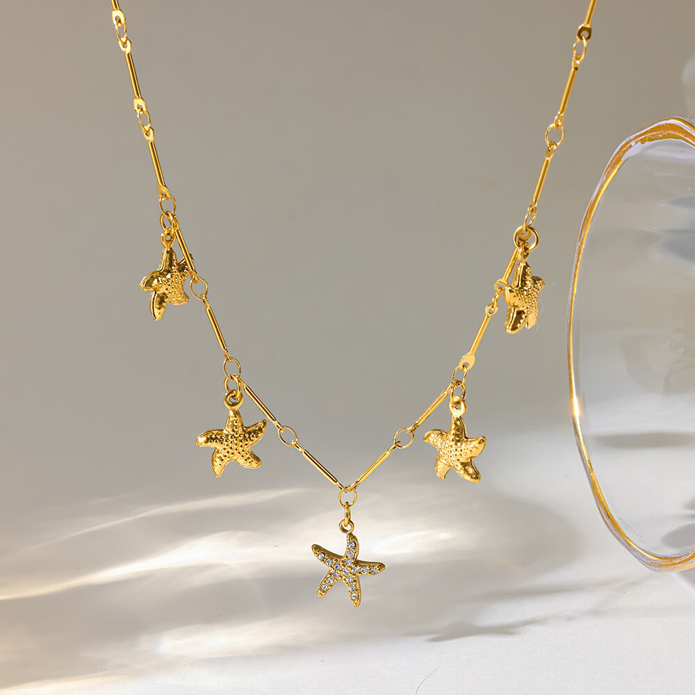 Seestern-Anhänger aus Edelstahl, wasserdicht, goldfarben, mit Zirkonia