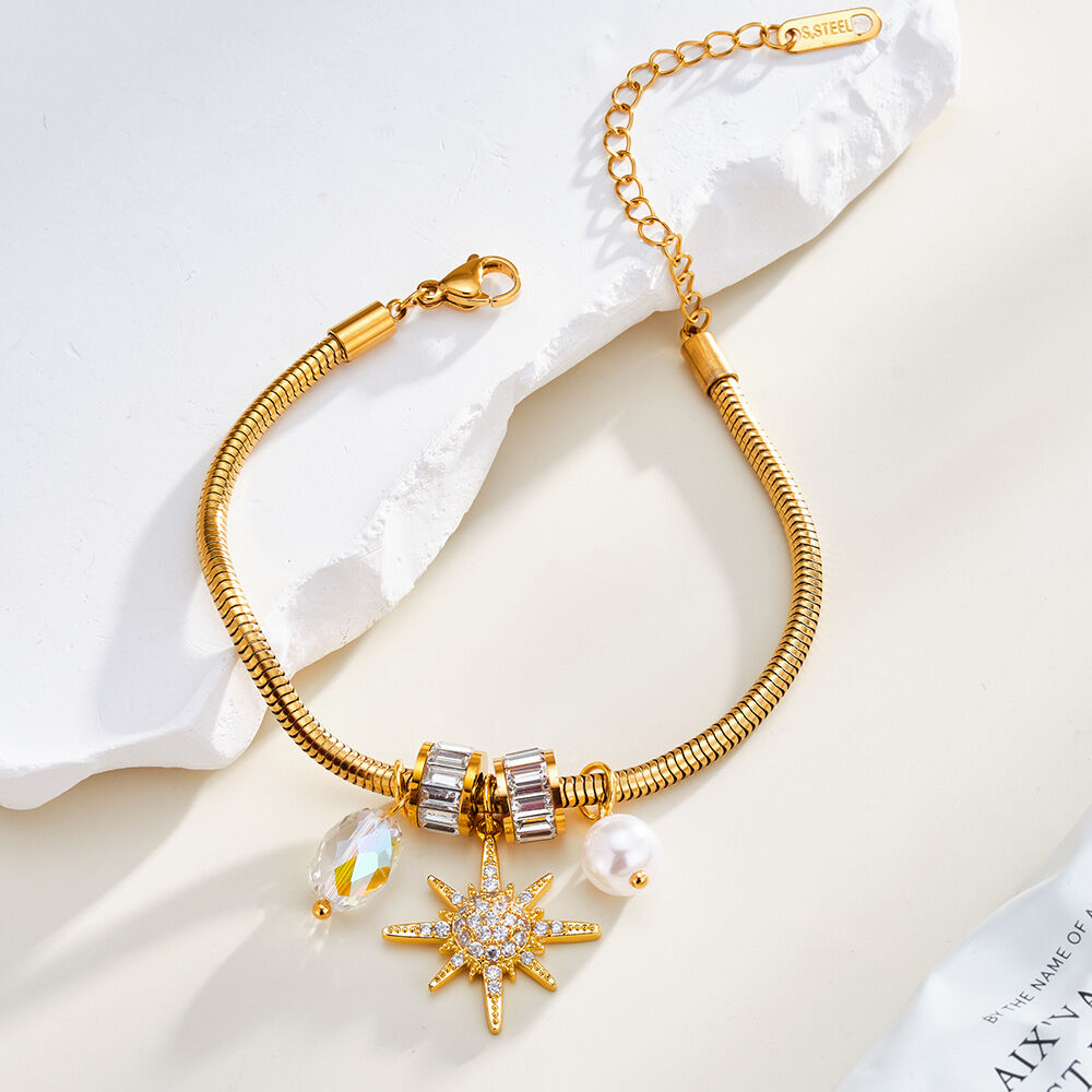 Luxe serie casual zonneketting, roestvrij staal, waterdicht, goudkleurig, damesarmbanden met bedeltjes h5 Afbeelding2