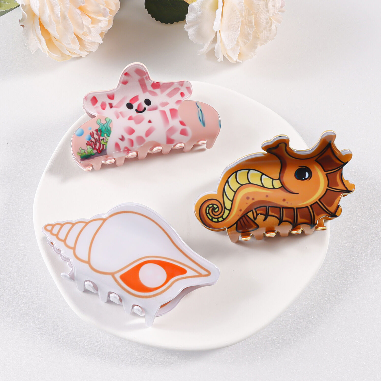 Simple Series Natural Cartoon Oceanic Style Mixed Color Shell Fish Starfish Acetate Hair Claws h5 Picture3