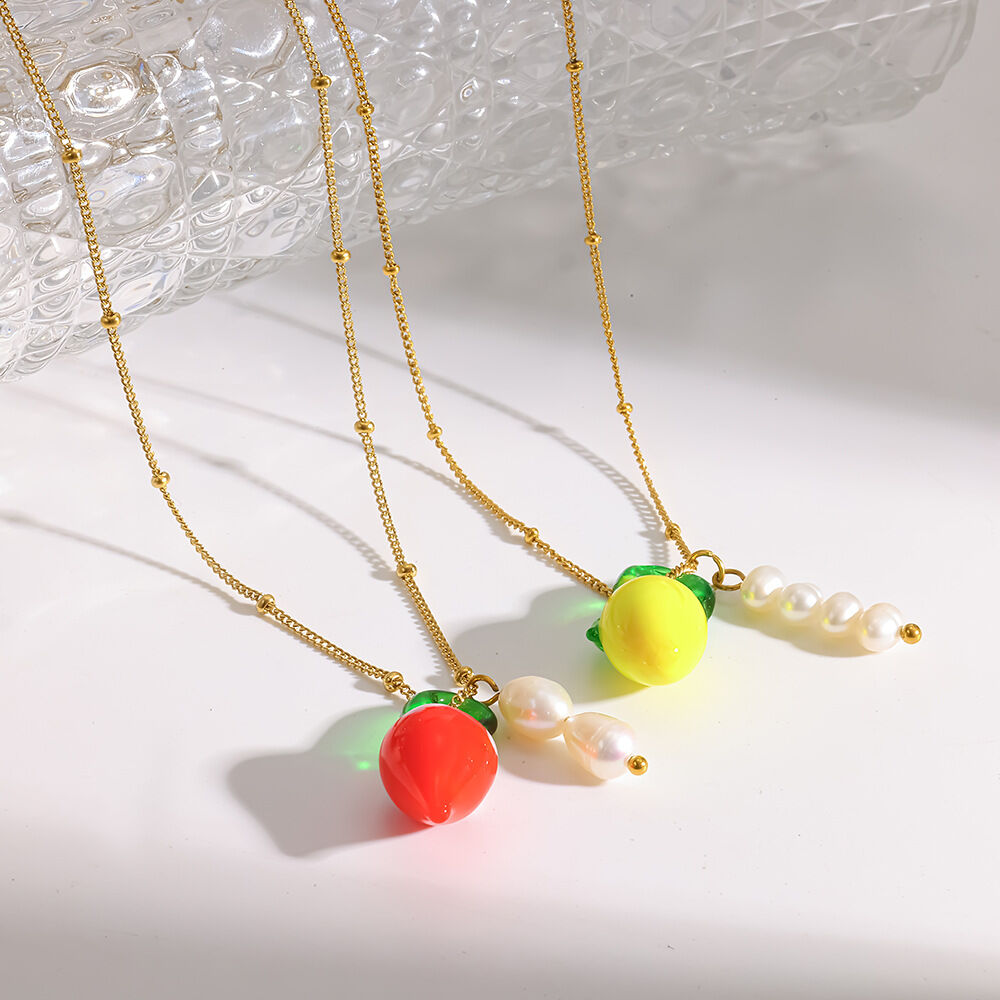 Glaze Fruit Stainless Steel Waterproof  Gold Color Pearl Women's Pendant Necklaces Picture4