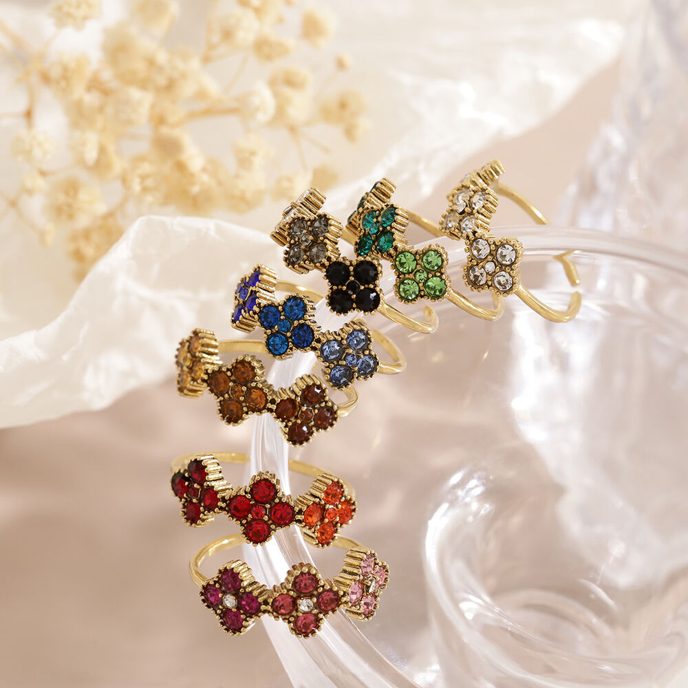 Romantic Series Sweet Flower Stainless Steel Waterproof Gold Color Zircon Women's Gemstone Rings h5Picture2
