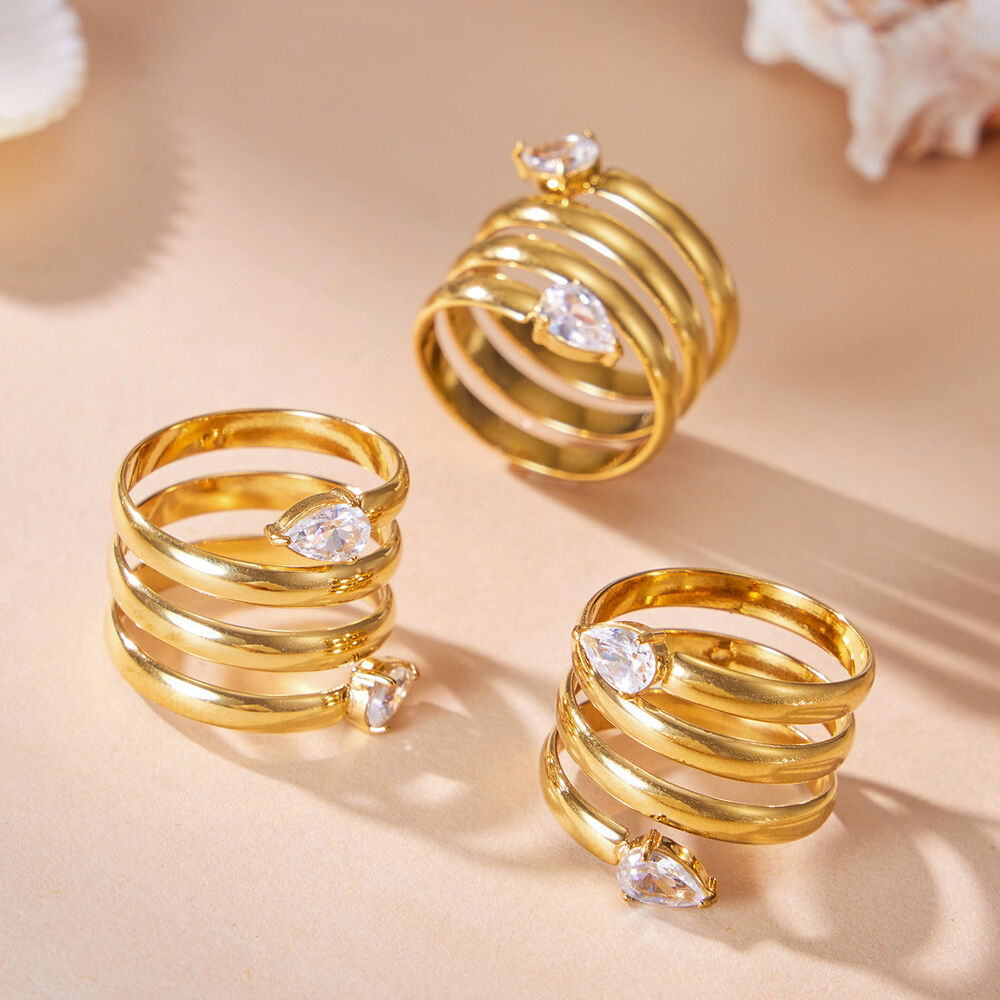 Luxuriöse Serie: Schlichter, tropfenförmiger, rechteckiger Edelstahlring für Damen, wasserdicht, goldfarben, mit Zirkonia h5Bild4
