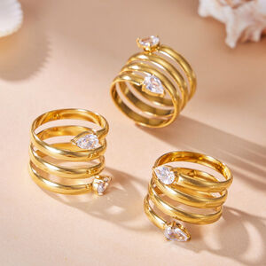 Luxuriöse Serie: Schlichter, tropfenförmiger, rechteckiger Edelstahlring für Damen, wasserdicht, goldfarben, mit Zirkonia h5 Bild4