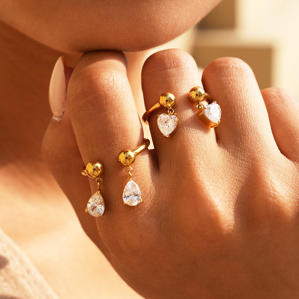 Simple Luxry Daily Droplet Irregular Shape Stainless Steel Waterproof Gold Color Zircon Gemstone Ring Picture2