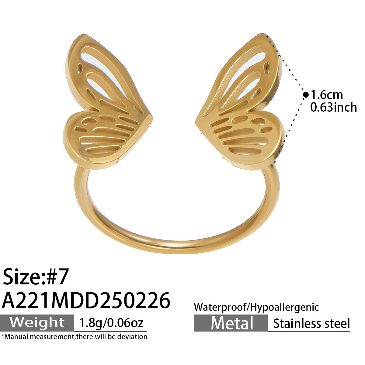 Anelli di lusso casual a forma di farfalla traforata in acciaio inossidabile impermeabile color oro. 
