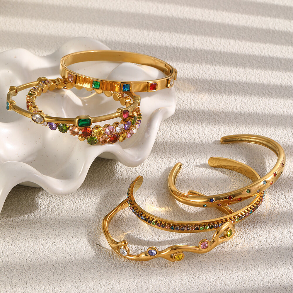 Luxurious Series Elegant Irregular Shape Stainless Steel Waterproof   Gold Color  Zircon Women's Bangles Picture3