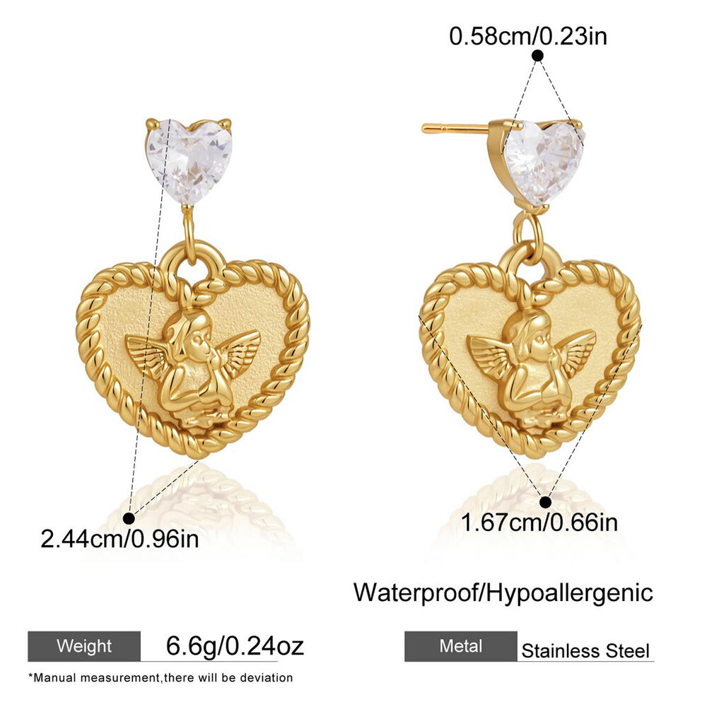 Romantic Series Sweet Heart Angel Stainless Steel Waterproof Gold Color Zircon Women's Drop Earrings