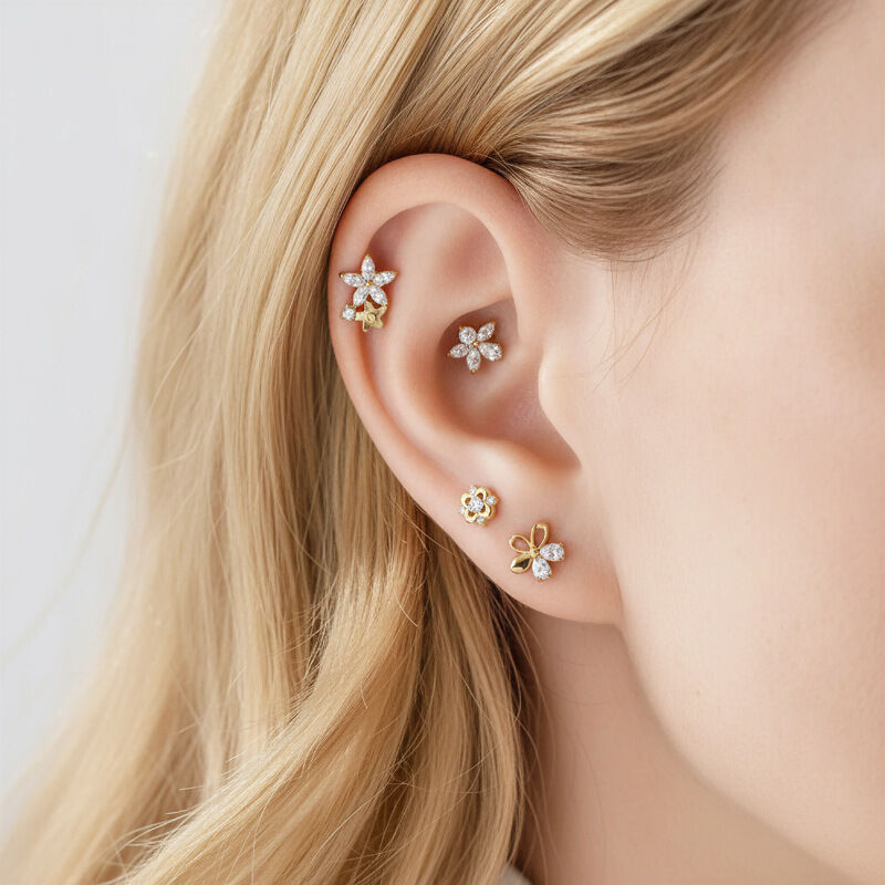 Pendientes de mujer con diseño de flor sencilla, aleación de titanio color oro y circonita. h5 Imagen6