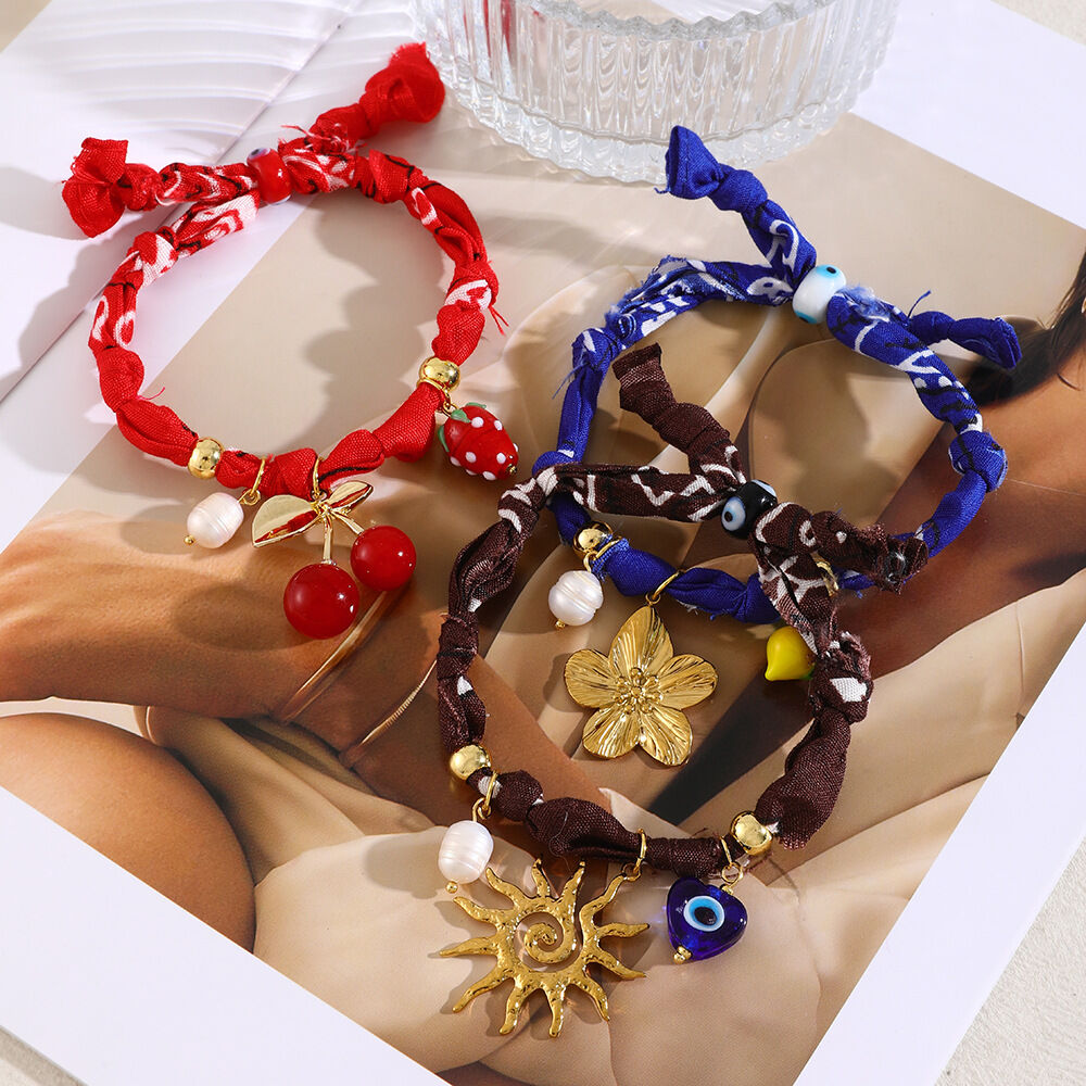 Bracelets tressés pour femmes, motif floral ethnique, soleil et cerise, couleur or Image3