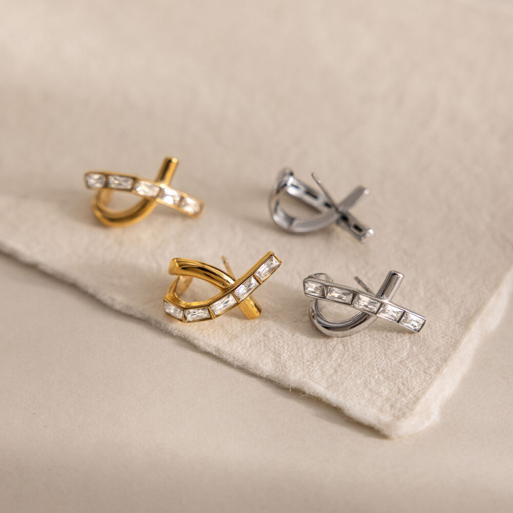 Luxurious Series Elegant Bow Knot Stainless Steel Waterproof Gold Color Zircon Women's Stud Earrings h5Picture2