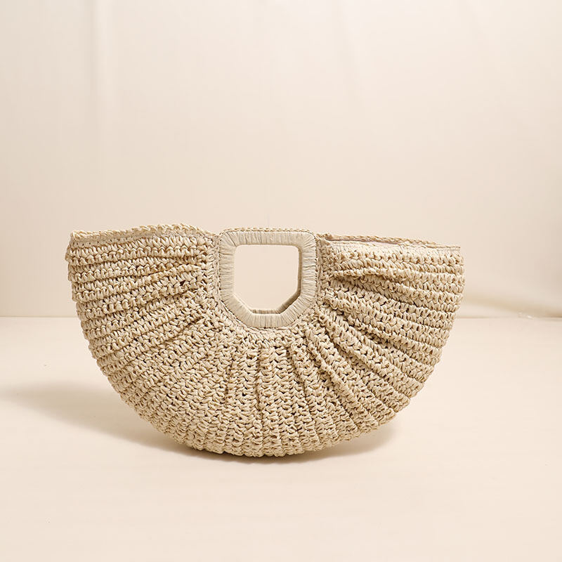 Halbmondförmige, einfarbige, gewebte Raffia-Tasche im Urlaubsstil für Damen