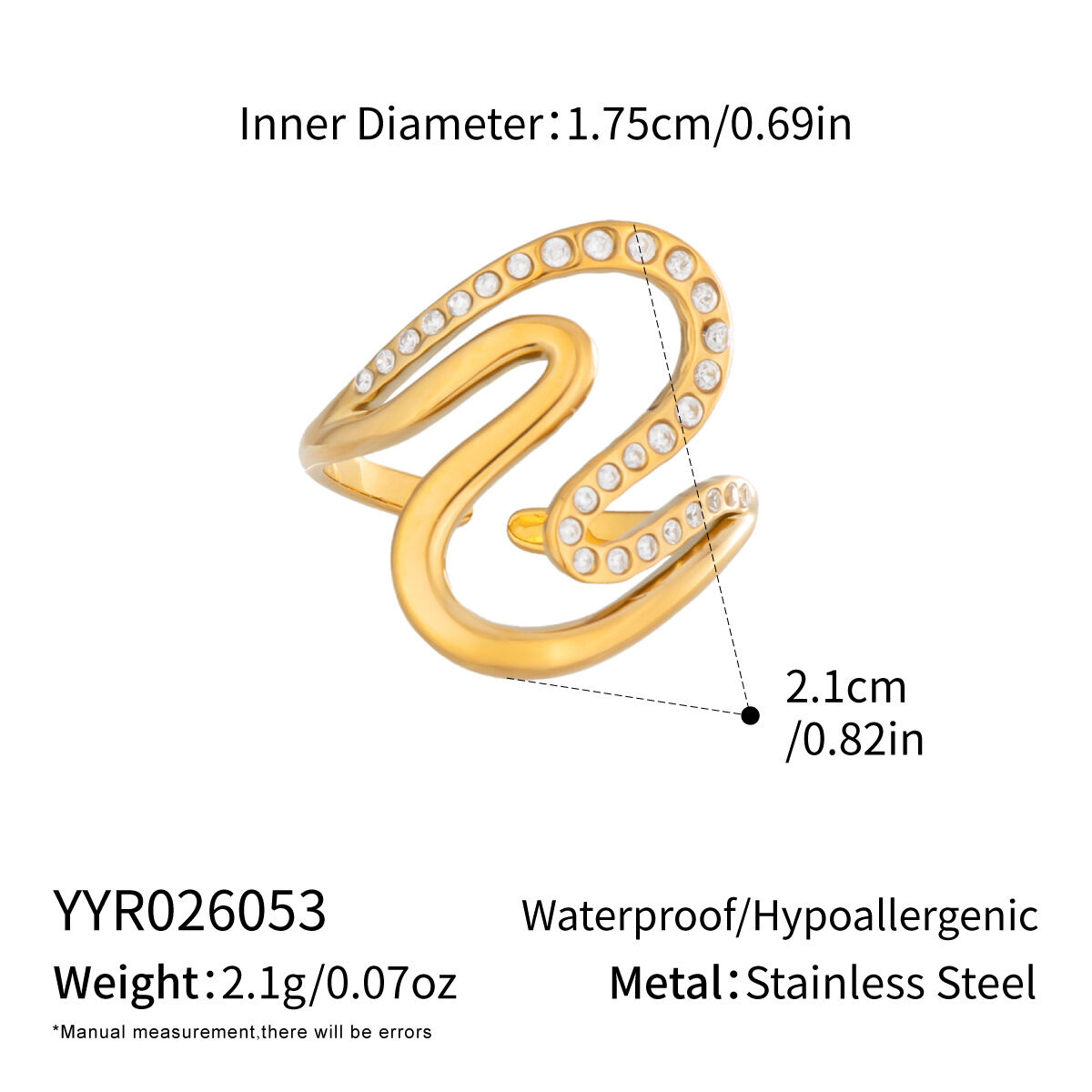 Irregular Shape Stainless Steel Waterproof Gold Color Rhinestone Minimalist Rings h5 