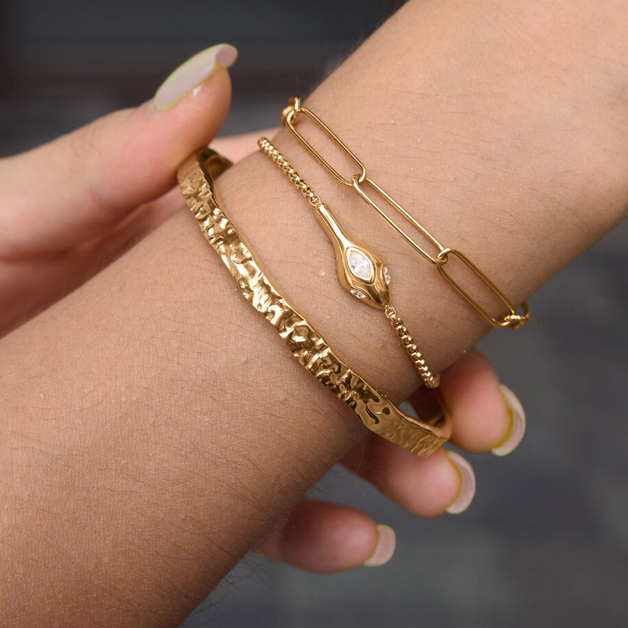 Simple Series Daily Snake Hammer Pattern Stainless Steel Waterproof   Gold Color  Women's Chain Bracelets