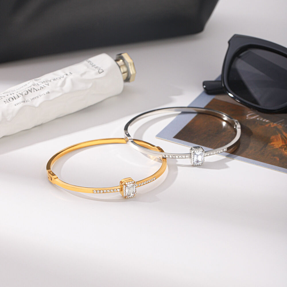 Luxury Simple Daily Rectangle Stainless Steel Waterproof Gold Color Zircon Women's Bangles h5Picture4