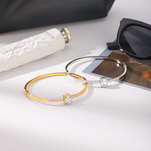 Luxury Simple Daily Rectangle Stainless Steel Waterproof Gold Color Zircon Women's Bangles h5 Picture4