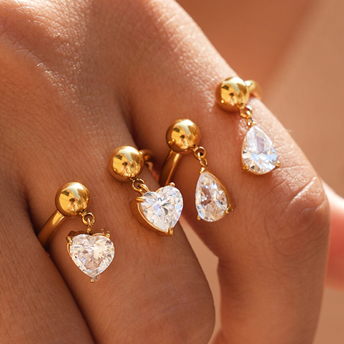 Simple Luxry Daily Droplet Irregular Shape Stainless Steel Waterproof   Gold Color  Zircon Gemstone Ring