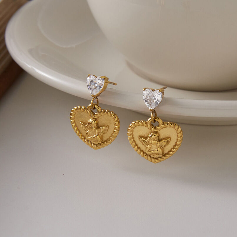 Pendientes colgantes de mujer de la serie romántica, modelo Sweet Heart Angel, de acero inoxidable, resistentes al agua y color dorado con circonitas. 2