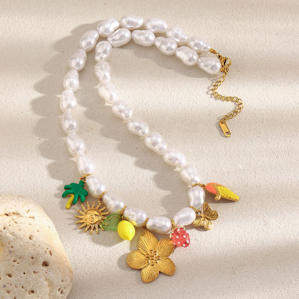 Collane da donna con perline, fiori e frutta in acciaio inossidabile, perle artificiali e decorazioni a tema vacanze. Immagine2