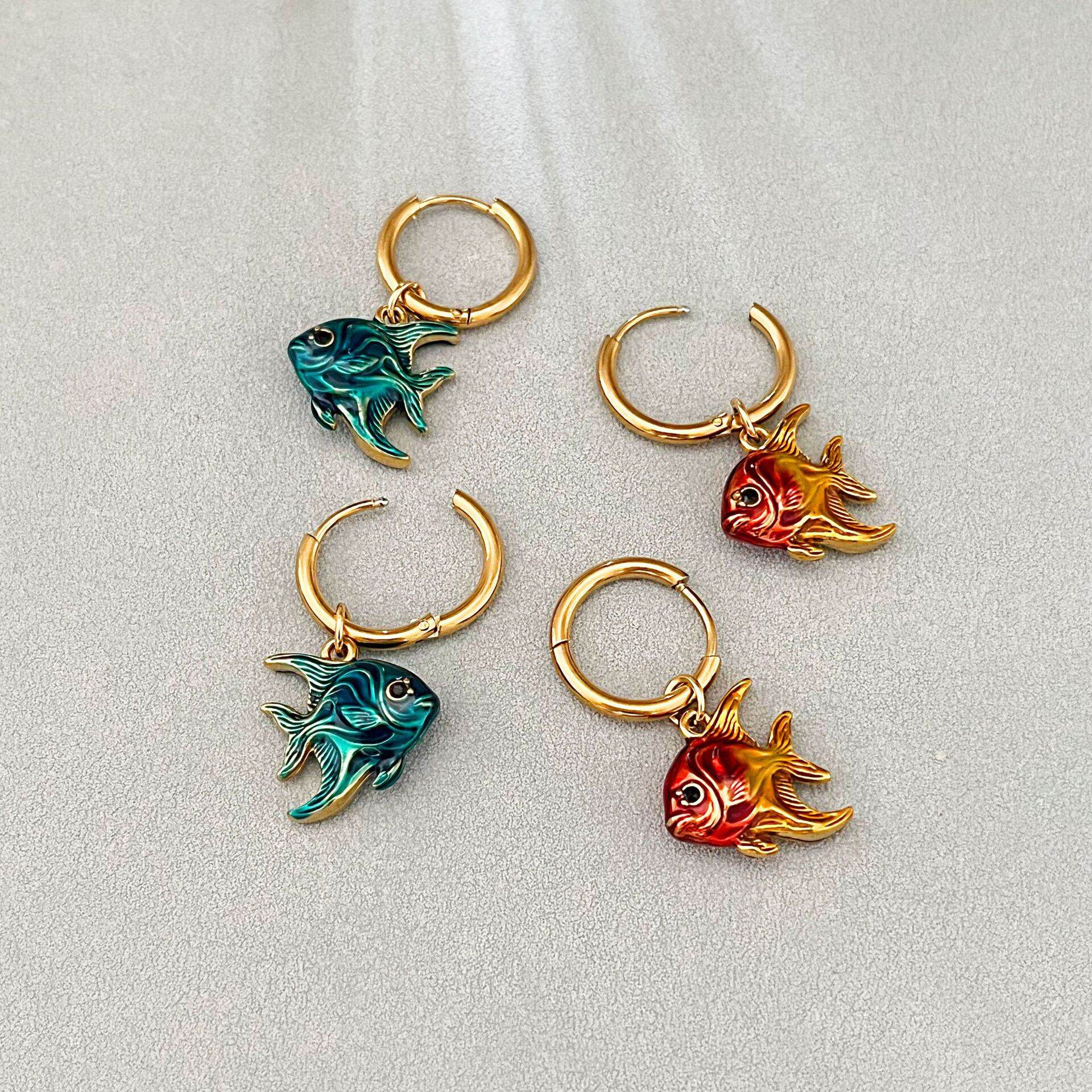 Boucles d'oreilles pendantes rétro en acier inoxydable, couleur or, pour femme, motif poisson h5 Image2