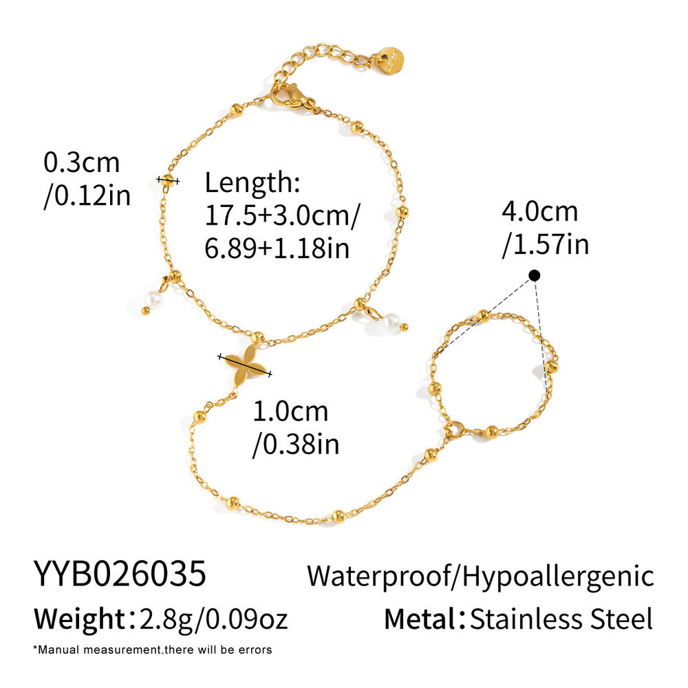 Cadena de mano para mujer de acero inoxidable impermeable con forma de trébol y perlas artificiales color dorado.