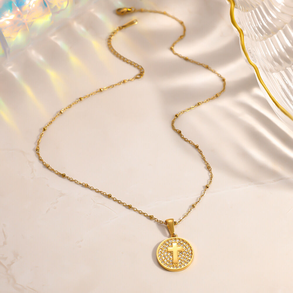 Simple Cross Stainless Steel Waterproof Gold Color Rhinestone Women's Pendant Necklaces 2
