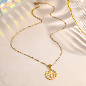 Collana da donna con ciondolo a croce semplice in acciaio inossidabile, impermeabile, color oro e strass. h5 Immagine2