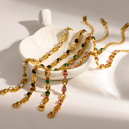 Stainless Steel Waterproof Gold Color Rhinestone Women's Chain Bracelets