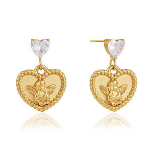 Romantic Series Sweet Heart Angel Stainless Steel Waterproof Gold Color Zircon Women's Drop Earrings h5 Picture6