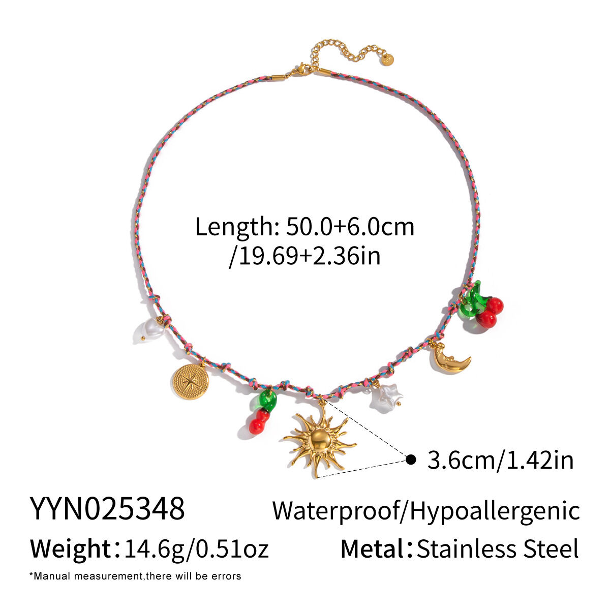 Colliers tressés pour femmes, collection Romantique, motif fruits et soleil, en acier inoxydable doré et perles. h5 