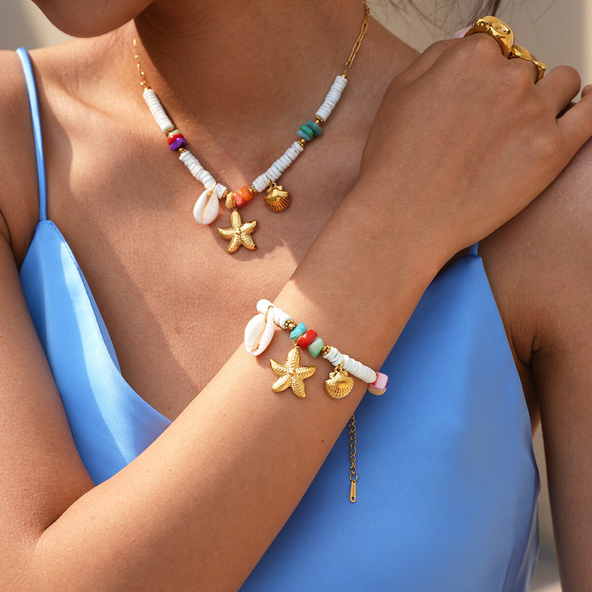 Ocean Series Daily Shell Starfish Stainless Steel Waterproof   Gold Color  Women's Braided Bracelets