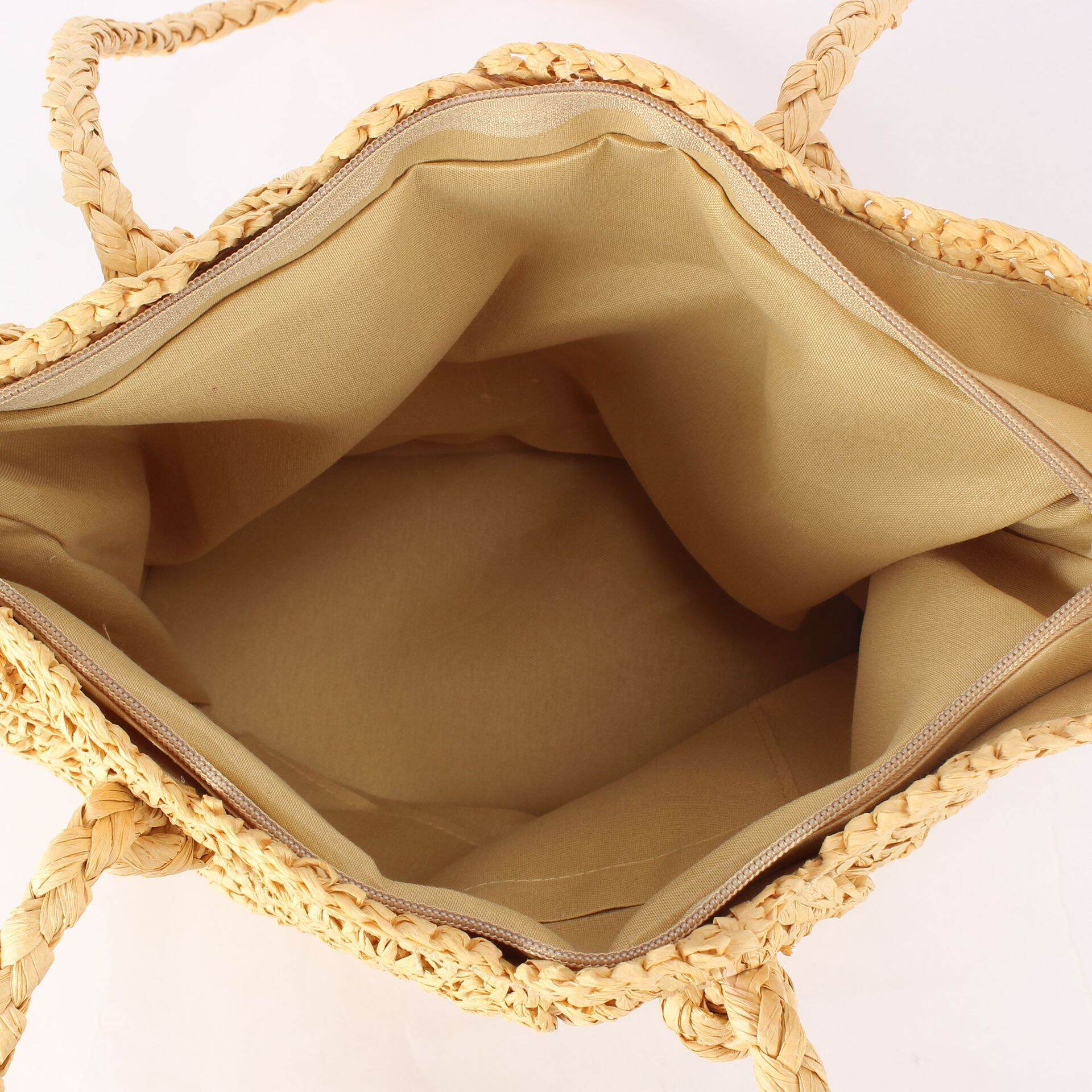 Bolso trapezoidal de rafia tejida de color liso con diseño circular, estilo vacacional para mujer. h5 Imagen3