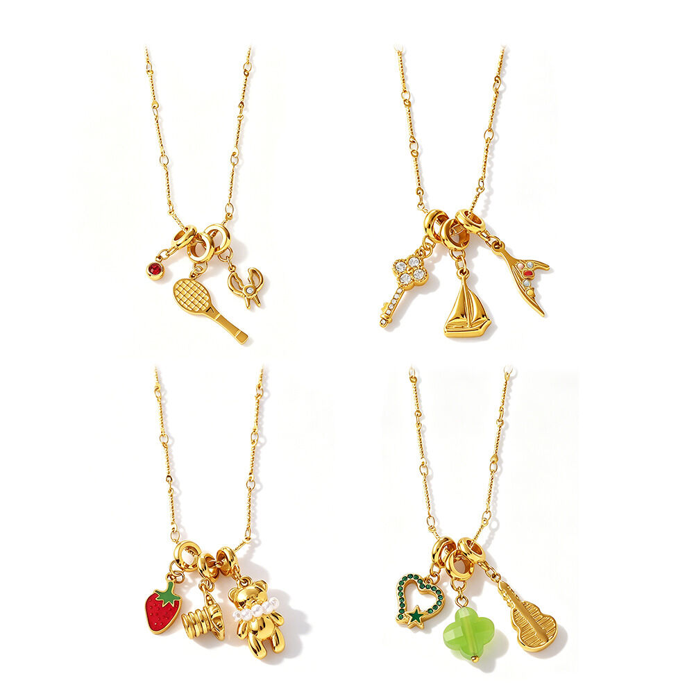 Simple Flower Heart Key Chain Strawberry Stainless Steel Waterproof Gold Color Women's Pendant Necklaces h5Picture5