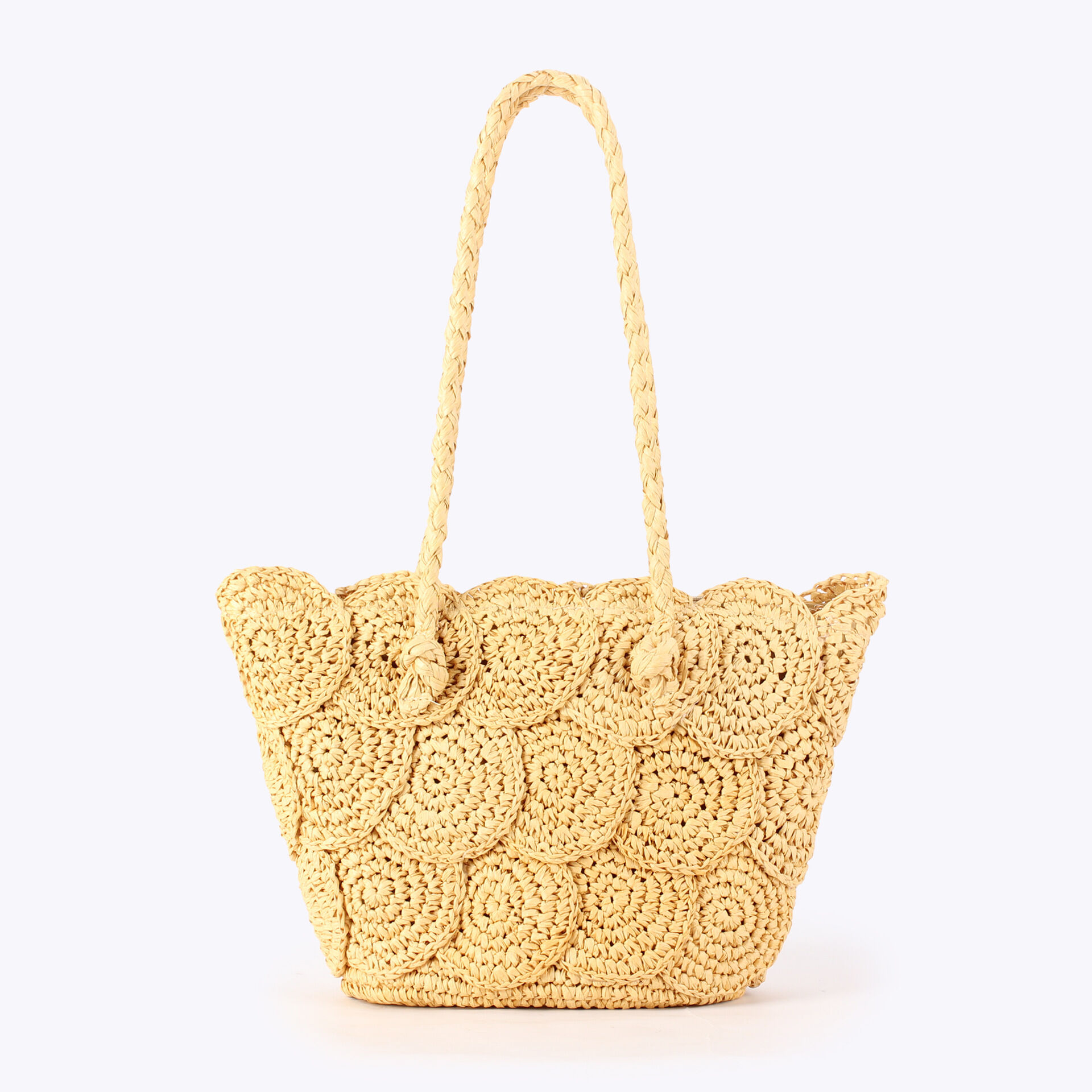 Bolso trapezoidal de rafia tejida de color liso con diseño circular, estilo vacacional para mujer.