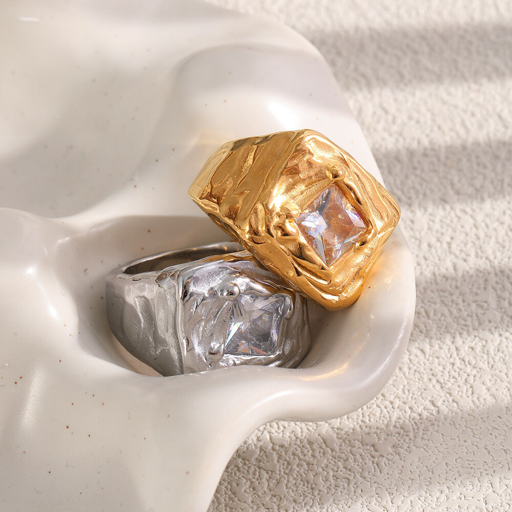 Retro Rectangle Stainless Steel Waterproof Zircon Women's Gemstone Rings h5 Picture2
