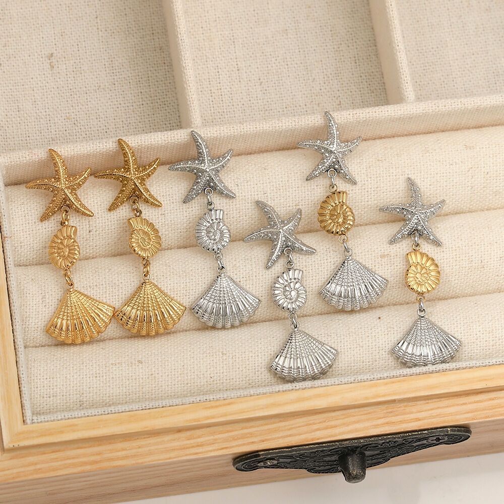 Vacation Oceanic Style Shell Starfish Stainless Steel Waterproof Gold Color Women's Drop Earrings h5Picture3