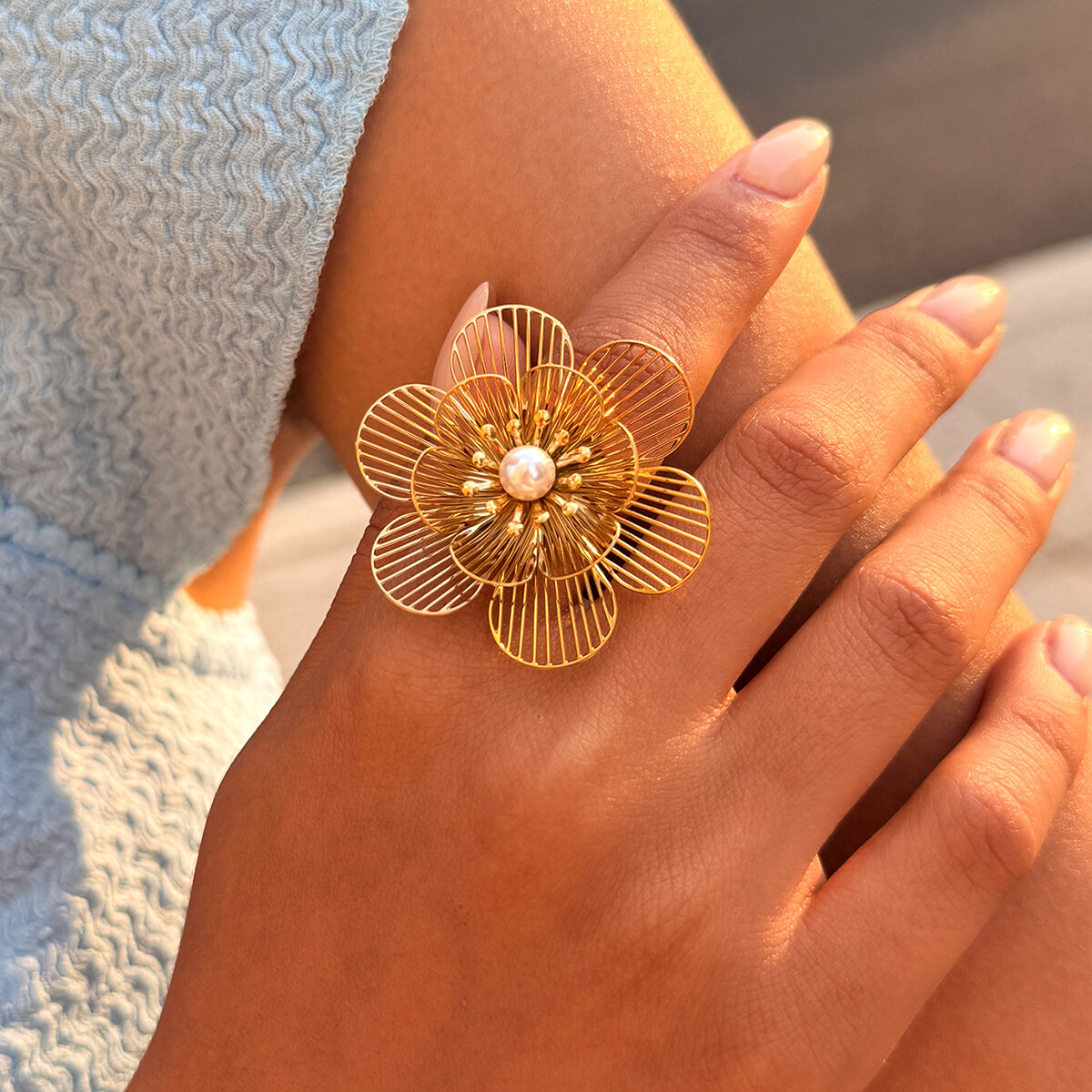 Retro Daily Flower Stainless Steel Waterproof   Gold Color  Artificial Pearl Statement Rings 2