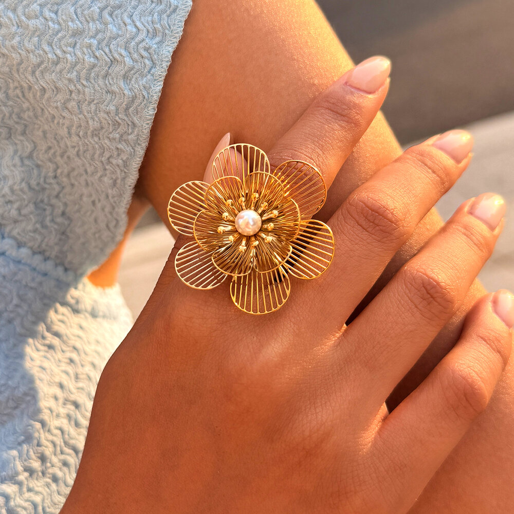 Retro Daily Flower Stainless Steel Waterproof Gold Color Artificial Pearl Statement Rings Picture2