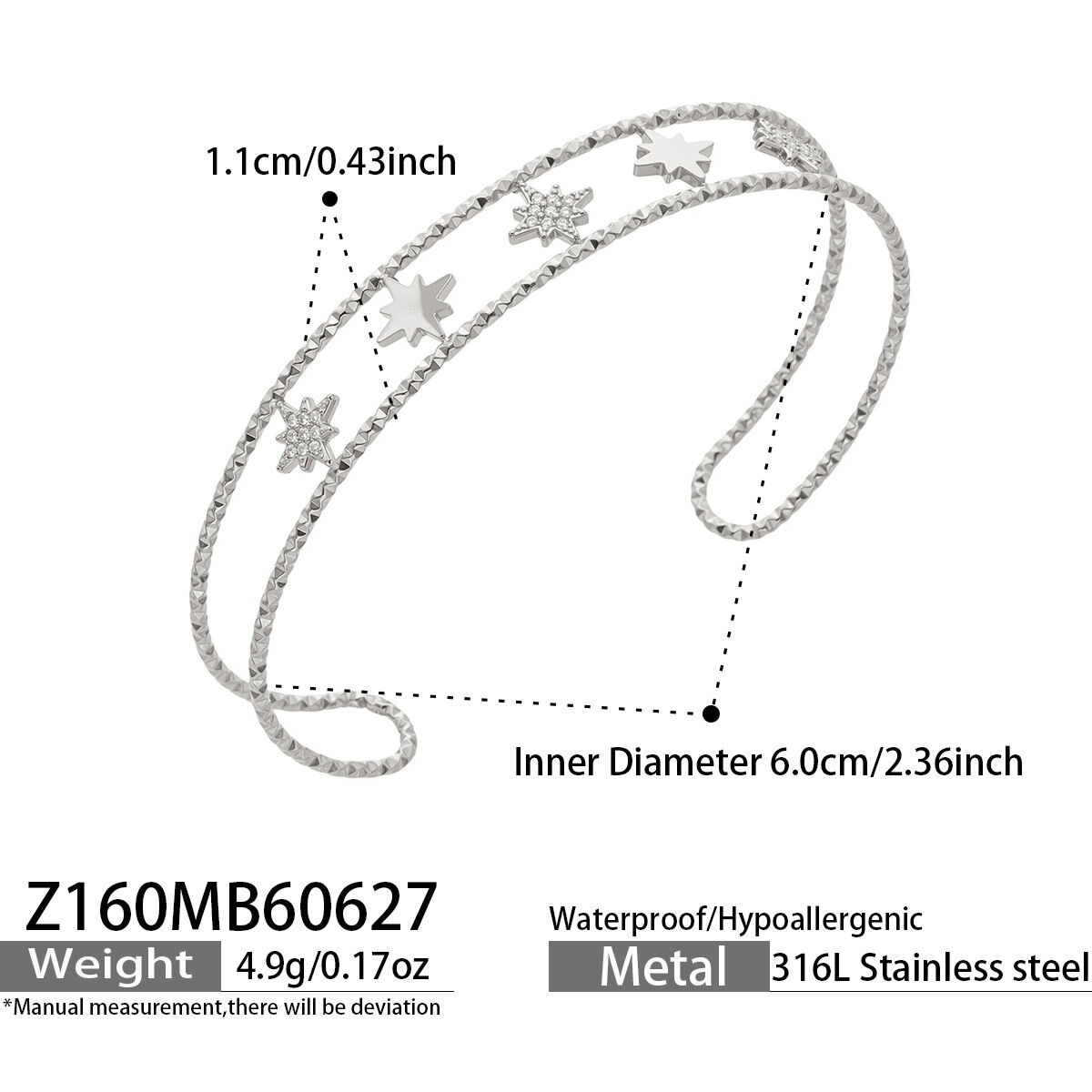 Simple Series Elegant Patchwork Hollowed-Out Star Stainless Steel Waterproof   Gold Color  Women's Bangles h5 