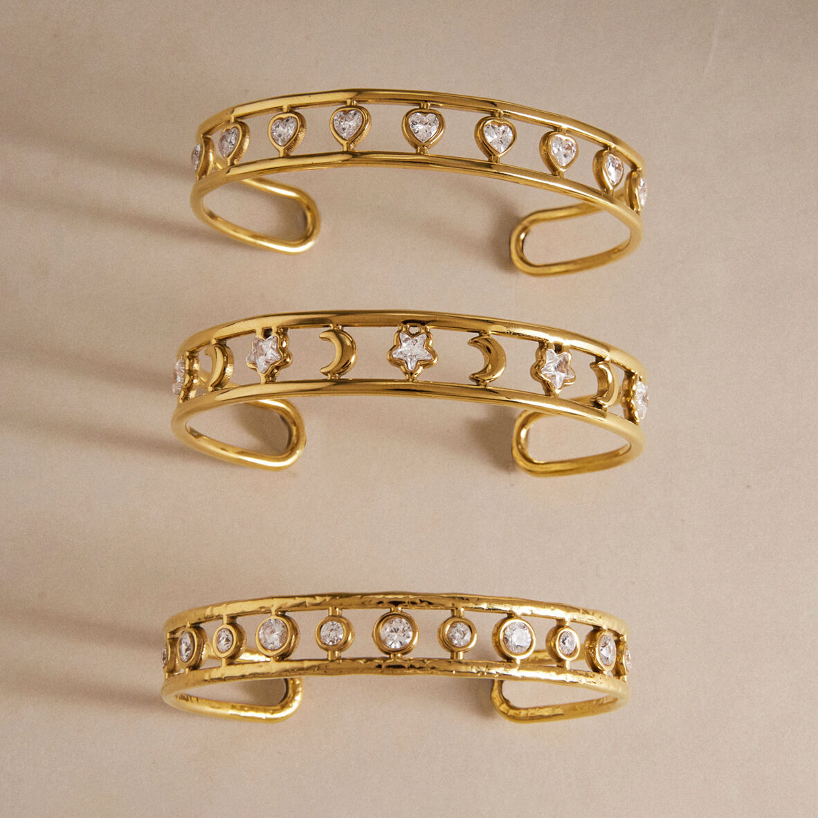 Simple Series Retro Heart Sun Moon Stainless Steel Waterproof   Gold Color  Zircon Women's Cuff Bracelets 2