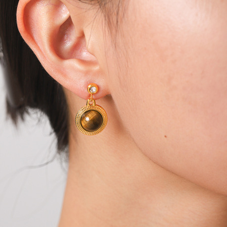 Simple Series Daily Circle Stainless Steel Gold Color Natural Stone Women's Drop Earrings