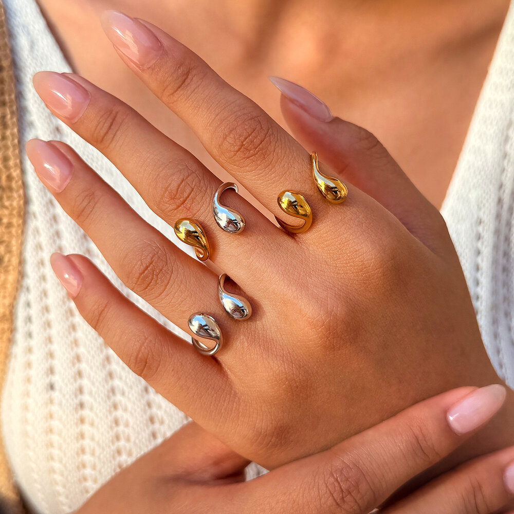 Minimalist Daily Droplet Stainless Steel Waterproof Gold Color Women's Statement Ring h5Picture2