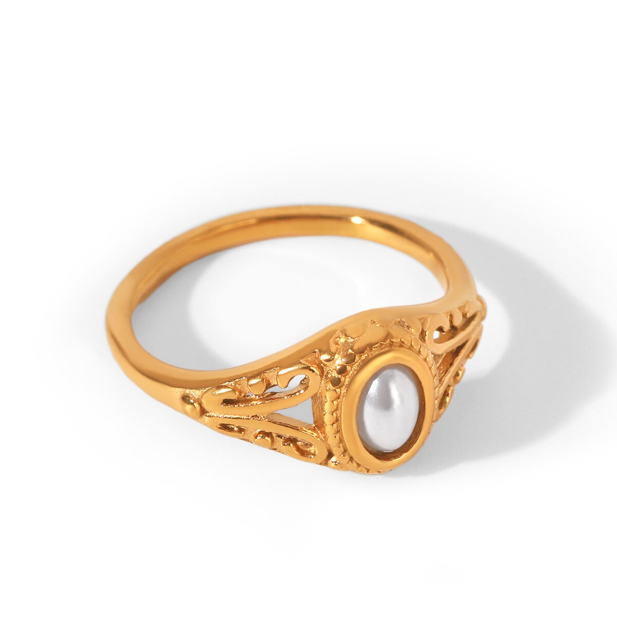 Simple Retro Ellipse Shape Stainless Steel Waterproof   Gold Color  Pearl Women's Gemstone Rings h5 