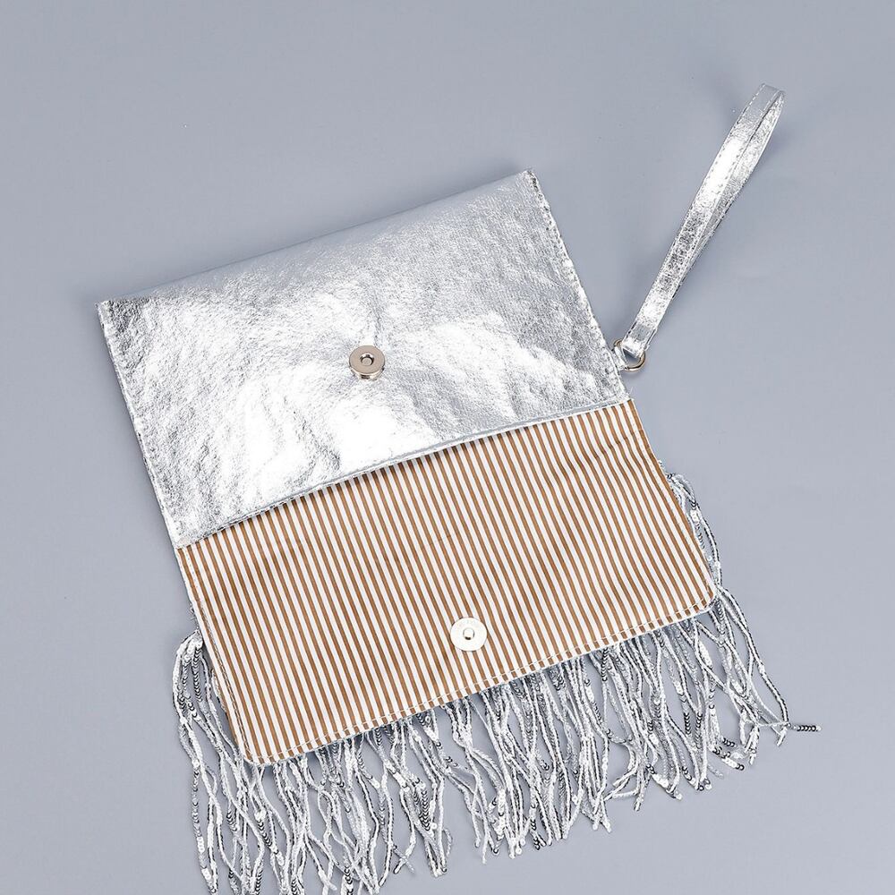 Borsa quadrata da donna in PU con nappine e paillettes, stile serale. h5Immagine5