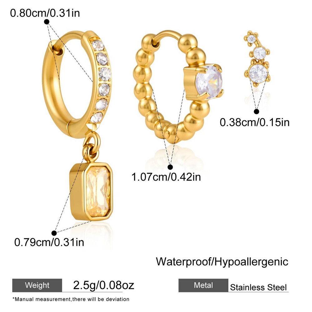Luxurious Series Elegant Rectangle Stainless Steel Waterproof Gold Color Zircon Women's Earring Sets